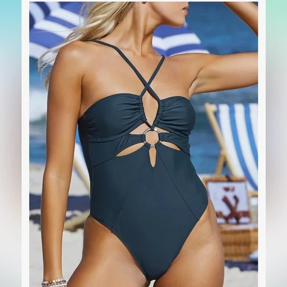 NWT* ๐๏ธCupshe Teal Green O-Ring Cutout One Piece Swimsuit NEW Size Medium ๐ - Picture 3 of 13